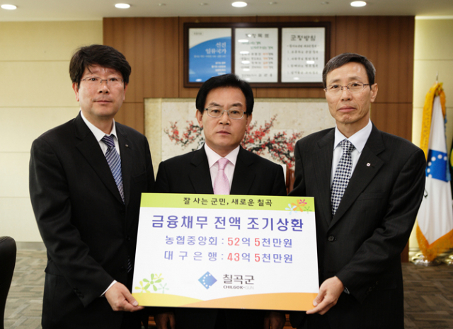 칠곡군(군수 백선기)은 재정운용 건전화를 위해 일반 지방채보다 이자율이 높은 금융채 전액을 상환한다. 이번에 칠곡군이 상환할 금융채 원리금규모는 총 96억원(농협 52억5천만원, 대구은행 43억5천만원)으로 이자율(변동금리 5.8%～6.0%)이 일반 지방채(지역개발기금 3.5%) 보다 2.3%～2.5% 높은 것으로써, 전액을 상환하게 되면 정부의 채무관리 지표가 2유형에서 1유형으로 변경 된다.