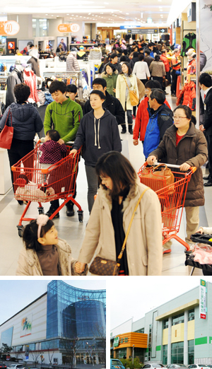 대구 동구 롯데 율하쇼핑프라자(사진 위·아래 왼쪽)와 달성군 하나로 클럽 (아래 오른쪽) 은 유통산업발전법에 따라 규제되는 대형마트 분류에서 빠져 형평성 시비가 일고 있다. 매일신문 자료사진