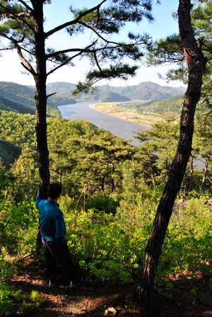 우곡면 도진리의 청룡산(300m) 전망대에서 내려다본 낙동강. 개경포나루가 있었던 이곳엔 낙동강을 거슬러 옮겨온 팔만대장경에 대한 이야기가 전해진다.