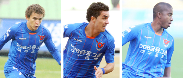 대구FC의 브라질 용병 삼총사 레안드리뉴, 지넬손, 마테우스(왼쪽부터). 대구FC 제공