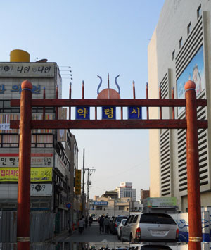 철거 전 약령시 홍살문(위쪽)과 대구시가 제시한 새로운 약령시 상징문.