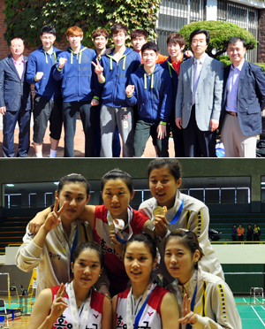 11일 전국체전 배드민턴 남녀 일반부 단체전 우승을 차지한 김천시청과(위) KGC인삼공사 선수들이 우승을 기뻐하고 있다. 최두성기자