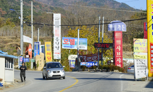 칠곡군 동명면 기성리 한티로 주변에 식당과 모텔 간판이 무질서하게 설치돼 있다. 운전자들의 시야를 어지럽히고 경관을 해친다는 여론이 일자 칠곡군은 대대적인 정비에 나설 방침이다. 우태욱기자 woo@msnet.co.kr