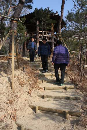 사진=생태복원사업으로 말끔히 정비된 철탄산 등산로를 시민들이 오르고 있다.