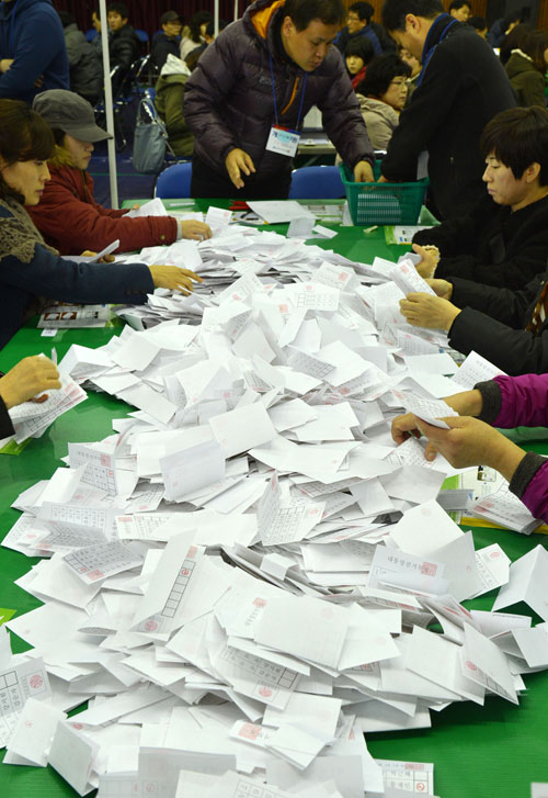 제18대 대통령 선거일인 19일 오후 대구 달서구 개표소가 마련된 상원고등학교 체육관에서 개표사무원들이 개표 작업을 진행하고 있다. 성일권기자 sungig@msnet.co.kr