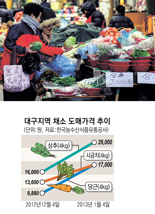 사진=강추위로 채소류 가격이 한 달 전에 비해 큰 폭으로 올랐다. 5일 채소류 특화시장인 대구 팔달신시장에는 채소류 가격이 급등하면서 손님들의 발길이 뜸하다. 우태욱기자 woo@msnet.co.kr