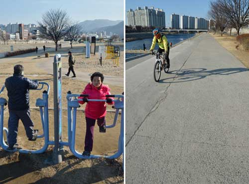편의시설이나 도로 사정이 좋은 신천 좌안과 시멘트 포장만으로 이뤄진 신천 우안 산책로. 성일권기자 sungig@msnet.co.kr