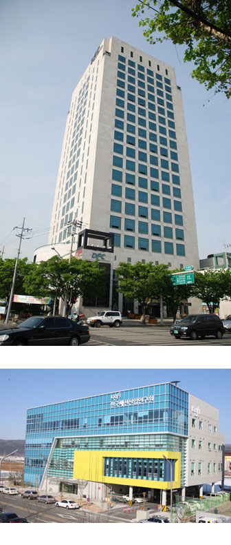 대구경북연구원이 있는 대동타워(사진 위)와 한국패션산업연구원 건물.