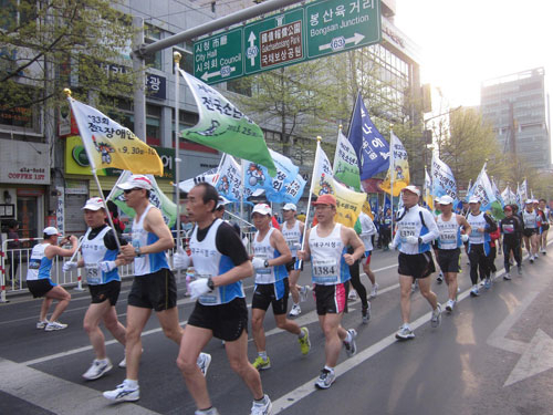 전국 3대 체전이 5월부터 10월까지 대구에서 차례로 펼쳐진다. 대구시청 마라톤팀이 지난달 대국국제마라톤대회에서 전국 3대 체전 홍보 깃발을 들고 거리를 달리는 모습. 대구시 제공