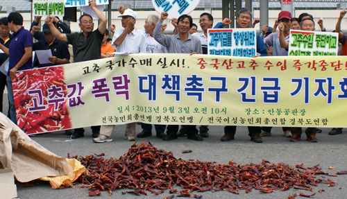 전국농민회총연맹 경북도연맹과 전국여성농민회총연합회 경북도연합은 3일 오전 10시 서안동농협 고추공판장에서 고추값 폭락에 따른 정부의 대책 마련을 촉구하는 긴급 기자회견을 열었다. 권오석기자