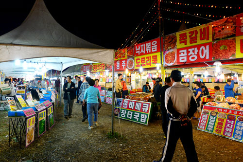 이달 25일 대구도시철도 1호선 반야월역 인근 야시장에서 밤늦게까지 손님들에게 술과 음식을 팔면서 나오는 소음과 냄새로 인해 주민들이 큰 불편을 겪고 있지만 동구청은 제대로 단속도 하지 않은 채 손을 놓고 있는 실정이다. 정운철기자 woon@msnet.co.kr
