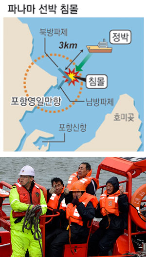15일 오후 포항 영일만항 앞바다에 선원 19명을 태운 파나마 국적의 8천t급 대형 화물선이 침몰한 가운데 해경보트를 타고 후송중인 생존자 4명. 우태욱기자 woo@msnet.co.kr