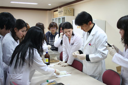 서라벌대학교는 올해 등록금을 대폭 내리고 10여 종의 장학 제도를 운영해 학생들의 학비 부담을 덜어주고 있다. 임상병리과 실습모습.
