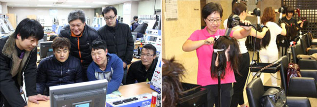 ▲영남이공대학교 특성화고졸 재직자 전형으로 입학한 기계계열 재학생들이 학습동아리를 구성해 학과실습실에서 전력선통신(PLC) 실습을 하고 있다.(왼쪽) 비학위 과정인 특화프로그램 