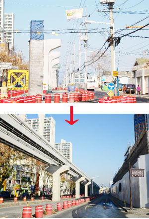 대구도시철도 3호선 달성로 구간의 전주 철거 전과 후의 모습. 대구시 제공