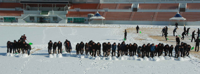 영덕군민운동장에서 12일 새벽 비상소집된 공무원들이 축구경기장 제설작업을 벌이고 있다. 영덕군 제공