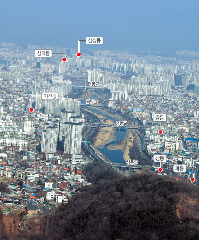1960년대까지만 해도 대구의 진천천, 욱수천, 동화천, 팔거천 등엔 대규모 고인돌 유적이 조성돼 있었다. 신천을 따라 펼쳐진 고인돌 유적지.