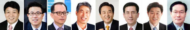 30일 확정된 새누리당 대구경북 기초단체장 후보. 왼쪽부터 대구= 강대식 동구청장 후보, 강성호 서구청장 후보, 배광식 북구청장 후보, 이진훈 수성구청장 후보, 김문오 달성군수 후보. 경북 = 이강덕 포항시장 후보, 장욱현 영주시장 후보, 김주수 의성군수 후보.