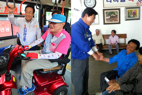 김관용 새누리당 경북도지사 후보가 26일 오후 경산에서 저상버스에 시승하고 있다. (왼쪽 사진) 정운철 기자 woon@msnet.co.kr 오중기 새정치민주연합 경북도지사 후보가 26일 도내 지역을 방문, 어르신들을 위한 공약을 내놨다. 오 후보 측 제공