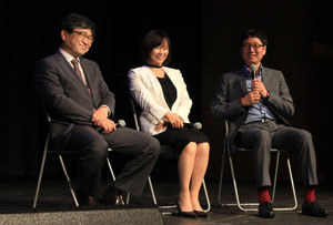 5월 26일 서울 씨네큐브 선재에서 열린 제8회 대구국제뮤지컬페스티벌(딤프) 기자 간담회. 왼쪽부터 장익현 이사장, 이유리 집행위원장, 설도윤 한국뮤지컬협회 이사장. 딤프 제공