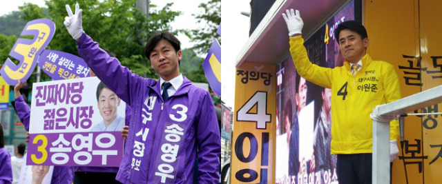 송영우 통합진보당 대구시장 후보가 최근 북구 운암지에서 구의원 후보들과 인사를 하고 있다. (사진 왼쪽) 송 후보 측 제공 이원준 정의당 대구시장 후보가 3일 오전 용산네거리에서 출근길 마지막 인사를 하고 있다(사진 오른쪽). 이 후보 측 제공