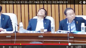 이완영 새누리당 국회의원이 세월호 국조특위 회의에서 조는 모습을 유족이 촬영해 유튜브에 올린 동영상이 인터넷상에서 급속도로 유포되고 있다. 동영상 캡처 사진
