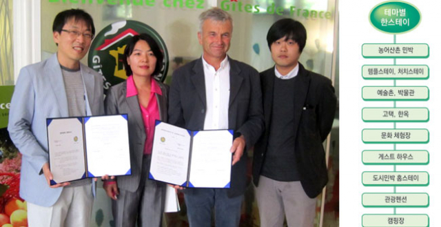 지난 6월 17일 프랑스 파리의 지트 프랑스 본부에서 한스테이사업단과 지트 프랑스가 업무협력 양해각서를 체결했다. 왼쪽부터 권두현 한스테이 국제네트워크 책임연구원, 서금희 재불공연문화교류협회 대표, 파트릭 파르자스 지트 프랑스 부회장, 김호민 연구원. (오른쪽 도표) 한스테이 개념도. 한스테이사업단 제공