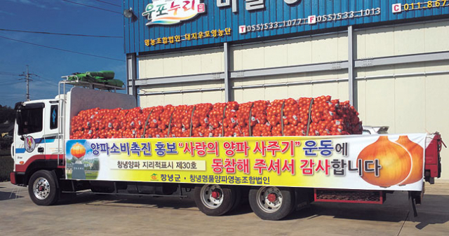 ▲각 기업체를 중심으로 창녕 양파 팔아주기 운동이 펼쳐지고 있는 가운데 대형트럭이 창녕 양파를 싣고 소비처로 떠나고 있다. 창녕군 제공