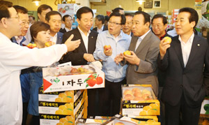 이완구(앞줄 오른쪽 둘째) 원내대표와 새누리당 국회 농림해양수산위원회 의원, 이동필(앞줄 오른쪽 셋째) 농림축산식품부 장관이 28일 오전 서울 송파구 가락농수산물도매시장에서 추석 물가 점검 민생현장 방문에 나서 한 청과매장을 찾아 자두를 먹어보고 있다. 연합뉴스
