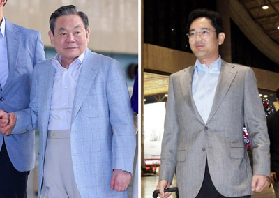 사진 지난 5월 쓰러진 이건희 삼성그룹 회장이 서서히 건강을 회복하고 있는 것으로 알려졌다. 이 회장이 쓰러지기 전 모습과 이재용 삼성전자 부회장(오른쪽)
