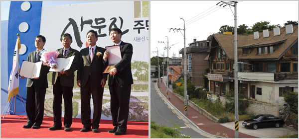 김문오 달성군수가 지난해 11월 사문진주막촌 개촌식을 갖고 있다. 달성군 제공(사진 왼쪽) 4대강 사업으로 헐리게 된 옛 사문진의 식당 등 건축물. 달성군 제공