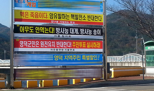 영덕군 곳곳에 원전 추진 반대를 내용으로 하는 현수막이 내걸리는 등 영덕군민들 사이에 원전 추진 투표와 신중론 분위기가 확산하고 있다. 김대호 기자
