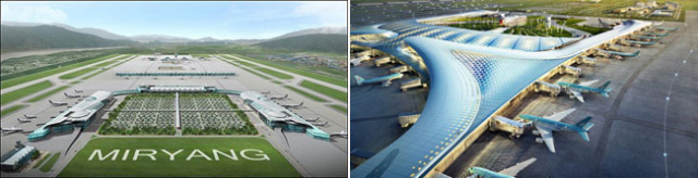 남부권 신공항(왼쪽 밀양신공항 조감도)이 답보 상태에 빠진 가운데 인천공항은 제2터미널(오른쪽)을 건설하는 등 확장 계획을 차근차근 진행 중이다.