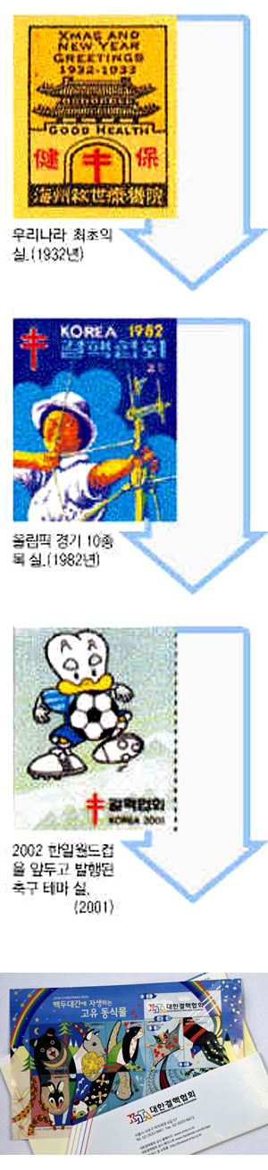 손으로 쓴 크리스마스 카드를 보낸는 일이 점점 사라지는 요즘, 결핵 퇴치 기금 마련을 위한 크리스마스 실 판매도 크게 줄어들고 있다. 2014년 크리스마스 실. 이채근 기자