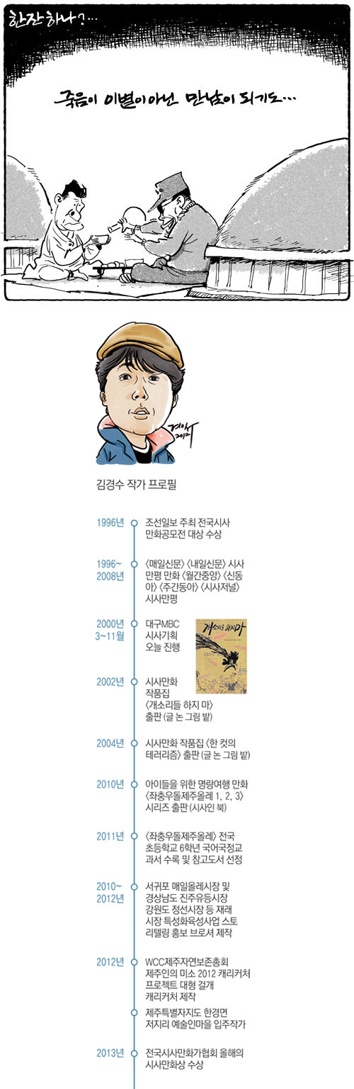 ▷2009년 8월 22일 쿠데타와 고문피해의 아이콘이자 지역구도의 태동과 절정기를 살았던 두 대통령. 한 사람은 양지의 경제발전과 산업화 속에 독재를 누렸고, 다른 한 사람은 그로 인해 목숨까지 위협받았다지만 끝내 대권을 움켜잡았다. 국민이 정부 수립 이후 유일한 국장으로 장례를 엄수한 경우는 두 인물뿐이니 저 먼 곳에서 만난다면 이런 모습이 연출되리라. 아직도 지역주의의 프레임 속에 갇혀 다툼을 벌이는 이 땅의 군중에게 전하고픈 무언의 메시지를 담아 그린 만평.