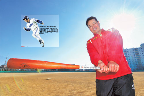 부산 사나이에서 이제 대구에 사는 야구인이 된 마해영이 12월 26일 대구고 야구장에서 현역 시절을 떠올리며, 새해 소망을 야구배트에 실어 힘차게 돌렸다. *그래픽 작업으로 야구배트에 