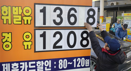 대구 주유소 휘발유 가격이 1ℓ당 1천300원대까지 떨어졌다. 10일 대구 서구 평리동 영신제2주유소에서 직원이 가격안내판의 휘발유 가격을 1천368원으로 교체하고 있다. 성일권 기자 sungig@msnet.co.kr