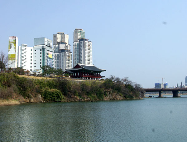 울산 태화강은 대나무 숲, 고층건물과 강이 조화를 이룬 도심 속 친수(親水) 공간의 대표적 명소로 꼽힌다. 강둑에서 바라본 태화루와 태화교.
