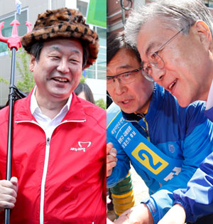 새누리당 김무성 대표(왼쪽)와 새정치민주연합 문재인 대표가 24일 서울시 관악구 신림종합사회복지관 앞과 경기도 성남시 은행동에서 주민들에게 인사를 하고 있다. 연합뉴스