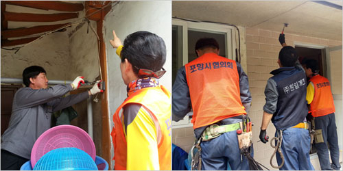 한국전기공사협회 소속 전기기술자들이 포항 남구 동해면 흥환1리에서 낡은 전기설비를 정비하고 새것으로 교체해주는 봉사활동을 펼치고 있다. 경북도는 에너지 복지사업을 통해 