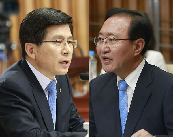 노회찬(오른쪽) 전 의원이 10일 오전 국회에서 열린 황교안 국무총리 후보자 인사청문회에 증인으로 출석, 위원들의 질의에 답변하고 있다. 고교 동창인 노 전 의원은 황 총리 후보자에 대해 총리로서 