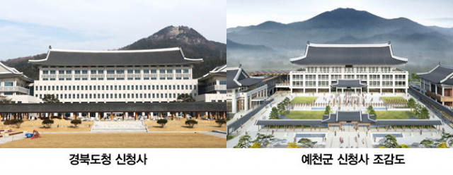 한옥 형태의 예천군 신청사 조감도. 경북도청 신청사 사진. 예천군 신청사 조감도와 도청 신청사 모습이 거의 비슷하다. 예천군민들은 예천군이 도청 신청사를 그대로 베꼈다는 지적을 하고 있다. 예천군 제공