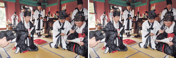 지난해 9월 3일 열린 대구향교 추계 석전대제(釋奠大祭)에서 초헌관으로 나온 권영진 대구시장과 제관들이 전통 제례를 올리고 있는 모습. 석전대제는 공자와 유교 성현들의 위패를 모신 사당에서 성인들의 학덕을 추모하며 올리는 큰 제사로 매년 음력 2월과 8월 두 차례씩 진행된다.