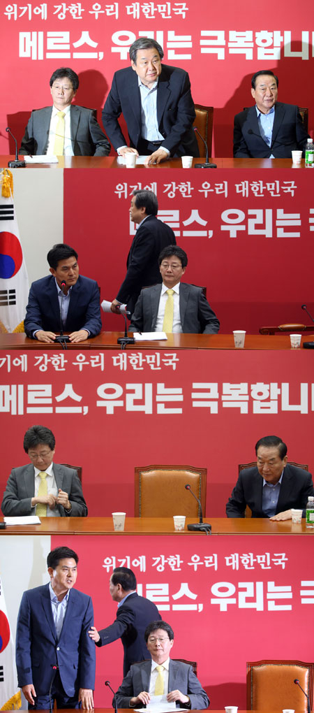 2일 오전 국회에서 열린 새누리당 최고위원회의에서 유승민 원내대표의 거취와 관련해 김태호 최고위원이 발언을 시작하자 김무성 대표가 갑자기 회의 종료를 선언한 후 회의장을 떠나고 있다. 그 후 김 최고위원이 강하게 항의하자 서청원 최고위원이 다독이고 있다. 연합뉴스