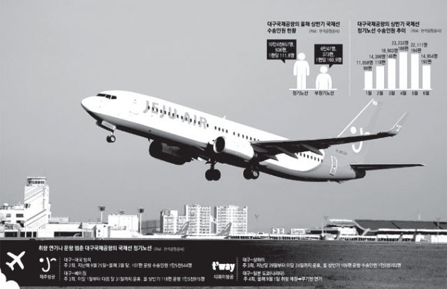 대구국제공항 국제선이 양적 성장을 하고 있지만 수요 부족을 이유로 정기노선 운항 중지나 취항 연기도 잇따르고 있어 더욱 안정적인 노선 운영이 필요하다는 지적이 나오고 있다. 제주항공 제공