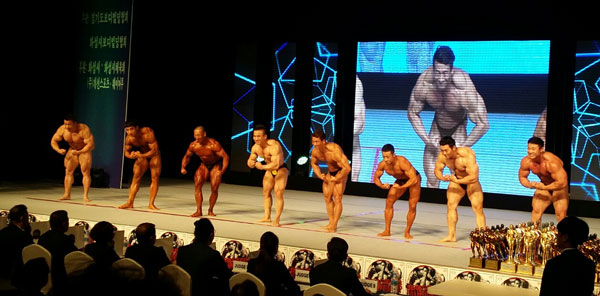 대구시청 보디빌딩팀이 1일 경기도 화성 유앤아이센터 화성아트홀에서 열린 제67회 미스터 코리아선발대회 남자 일반부 단체전에서 경기하고 있다. 대구시보디빌딩협회 제공