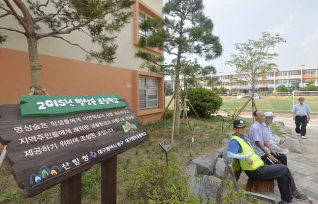 도심 곳곳 학교에 조성된 명상숲이 학생과 시민들에게 인기를 얻고 있다. 13일 대구 명덕초등학교 명상숲에서 동네 어르신들이 삼삼오오 모여 웃음꽃을 피우고 있다. 성일권 기자 sungig@msnet.co.kr