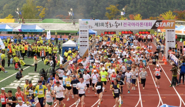 제3회 봉화송이전국마라톤대회에 참가한 선수들이 출발신호에 맞춰 힘차게 달려나가고 있다. 마경대 기자