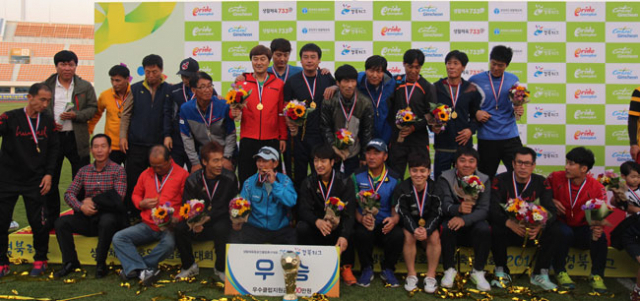 지난 16~18일 김천시에서 열린 생활체육 동호인 축구대회 2015 경북리그 시부(왼쪽)와 군부 우승팀 선수단이 기념촬영하고 있다. 경북생활체육회 제공