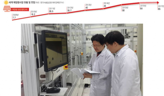구미전자정보기술원 내 대경권 태양광테스트베드에서 김용배(왼쪽) 센터장과 연구원이 태양광 모듈 제조장비를 점검하고 있다. 이창희 기자